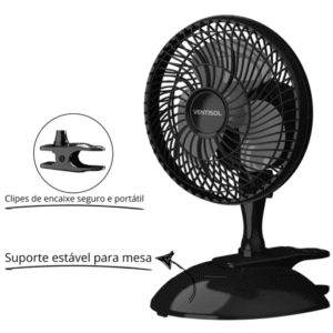 Micro Ventilador Ventisol 20cm 3 Pás Preto Clip Portátil De Mesa